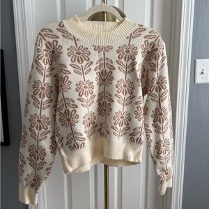 Floral Patterned Cream and Brown Sweater